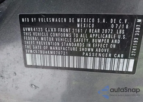 2019 Volkswagen Jetta 1.4T R-Line/1.4T S/1.4T Se from USA, damaged, VIN 3VWC57BU4KM070721